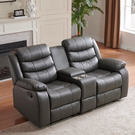 Lacreta Humes Faux Leather Manual Reclining Loveseat, 2-Seater Recliner Sofa with Center Console & Cup Holders, Home Theater Recliner Couch for Living Room