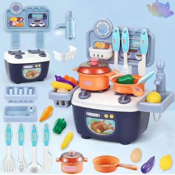 Kids Portable Mini Kitchen Playset with Sink, Stove, Cookware and Simulation Food Accessories, croissants Durable plastic, Cooking Pretend Play House Toys, Chef Role Play Toy for Kids Ages 3 and Up