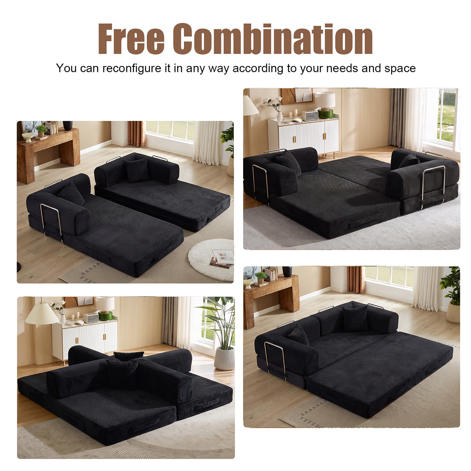 HOQBN Convertible Sofa Bed, Corduroy Fold Out Futon Sleeper Mattress with Pillows, Boneless Folding Floor Couch for Living Room Bedroom Black