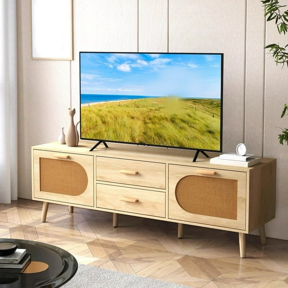 Auranook Rattan TV Stand for 65-Inch TV, 59" TV Console Cabinet with Drawers & Solid Wood Legs, Media Console Table for Living Room & Bedroom