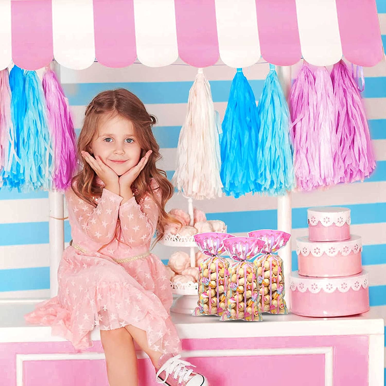 100 Pieces Ice Cream Treat Bags Cello Clear Sweet Party Favors Plastic Candy Cellophane Bags with 100 Silver Twist Ties for Kids Sweet Birthday Decorations Supplies