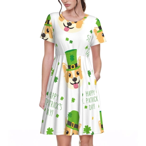 Disketp happy dog. St. Patricks Day para Vestido de Manga Corta para Mujeres, Vestidos de Verano para Mujeres, Casual y Holgado para la Playa