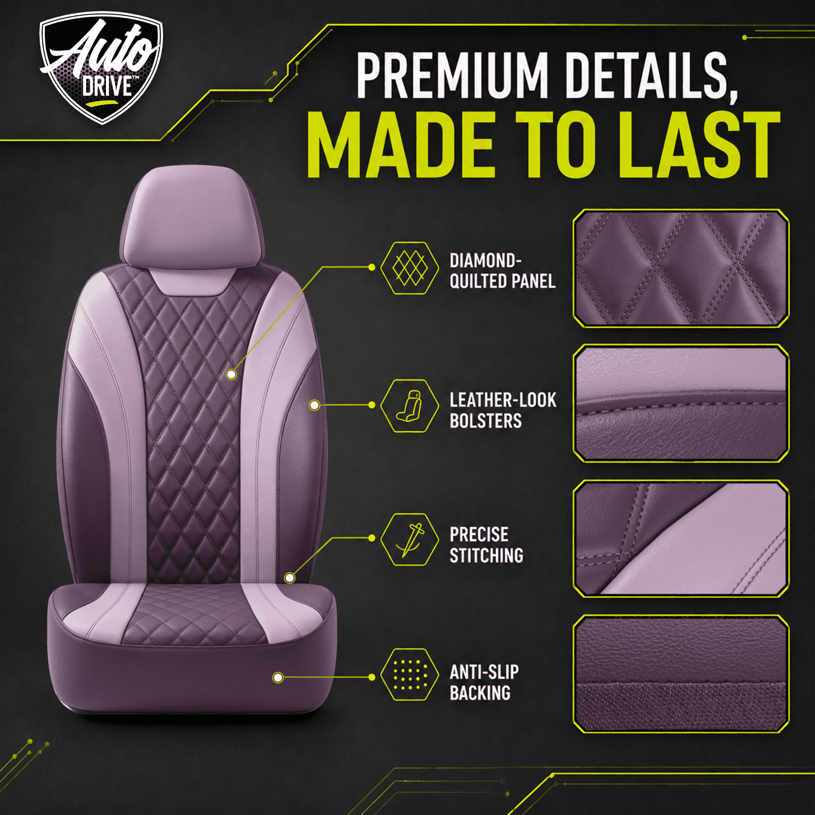 Auto Drive Car Seat Covers, Diamond Quilted Two-Tone Car Seat Covers Set, Universal Fit for Two Front Seats, Airbag Compatible for Cars, SUVs and Trucks Purple Front Seat