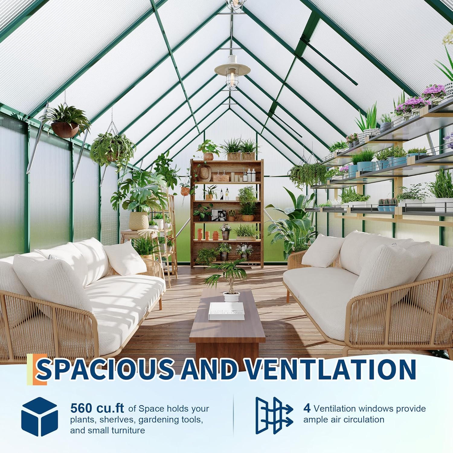 Senfot 8 x 16ft Walk-in Greenhouse Heavy-Duty Aluminum Frame Polycarbonate Panels Quick Setup Roof Vent Large Outdoor Greenhouse Kit for Garden Backyard Green