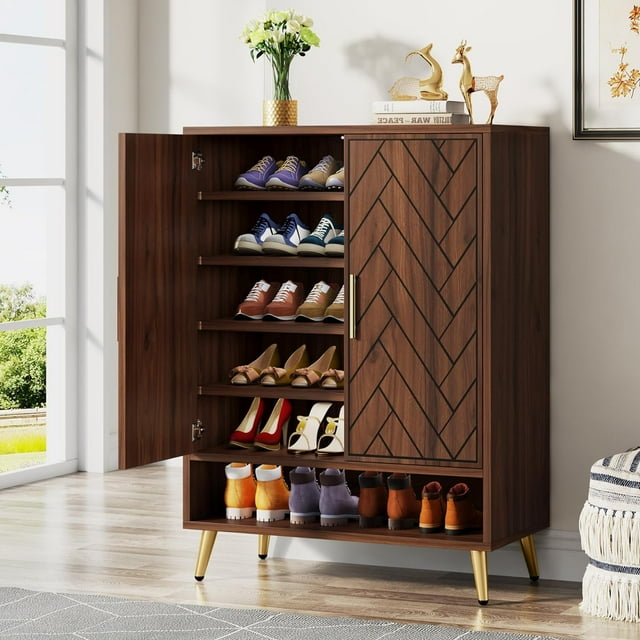 6-Tier Shoe Cabinet with Doors, Walnut Wooden Shoe Storage Cabinet with Adjustable Shelves