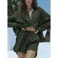 thumbnail image 3 of Cenuakty Women's 2 Piece Lounge Set Pajama Set Long Sleeve Button Shirt and Drawstring Shorts Sleepwear Sets, 3 of 5