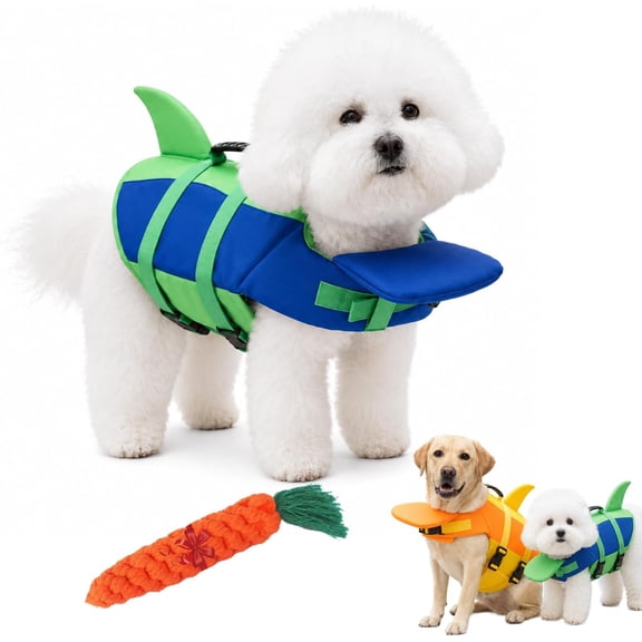 Shark Dog Life Jacket with Chin Float and Sturdy Handle, High Buoyancy Dog Swim Vest with Adjustable Straps and Leash Ring for Small Medium Large Dogs, Pool Boating Beach (Green, Small)