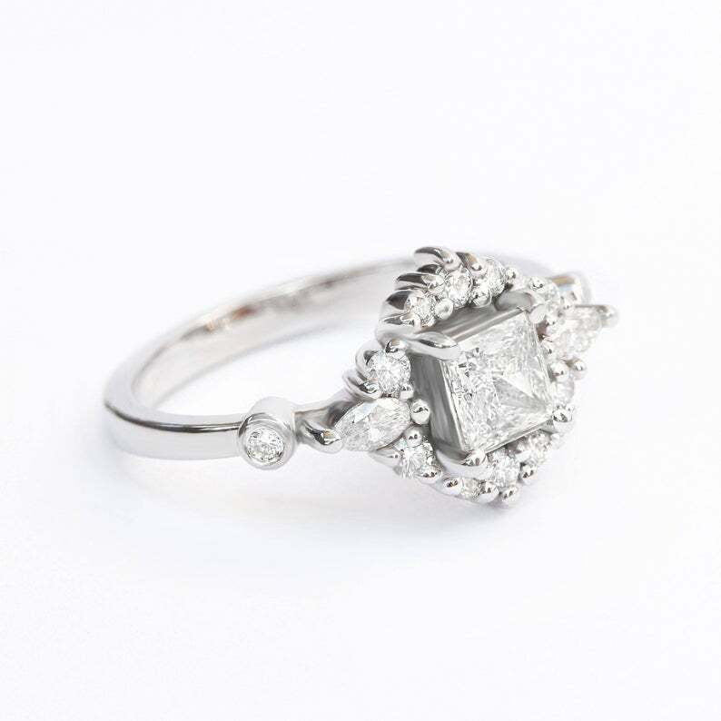 HeartsAndYou 1.5ct Princess Cut Moissanite Engagement Ring for Women Halo Cluster 18k White Gold Over Silver