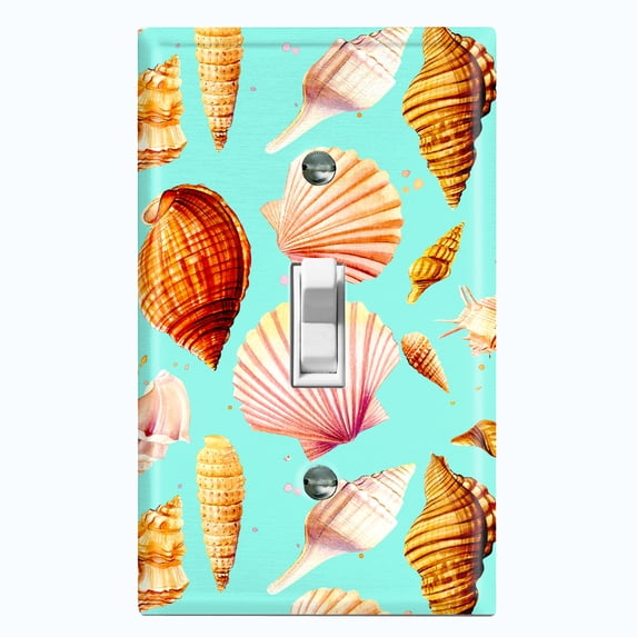Metal Light Switch Wall Plate Outlet Cover (Colorful Sea Shells Pattern Teal - Single Toggle)