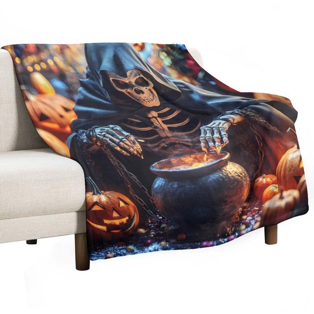 Manta supersuave de franela de microfibra con diseño de calabaza, esqueleto y calavera de mago para Halloween, ideal para sofá cama, sofá cama, mullida y cálida, de 101 x 127 cm.