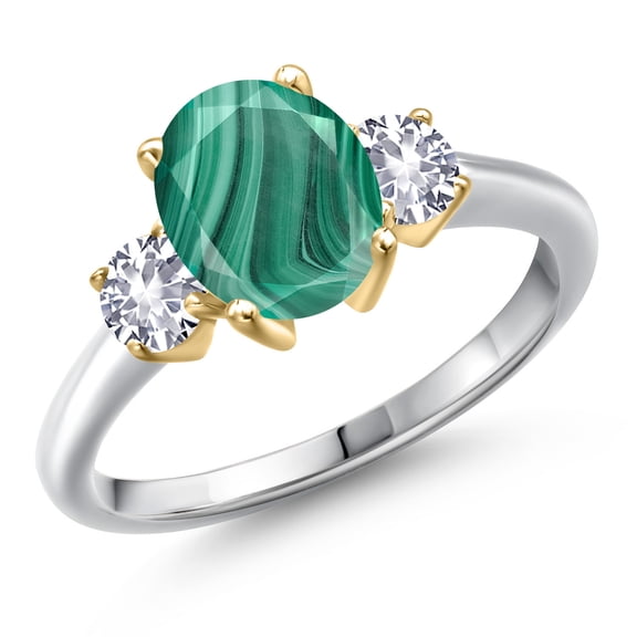 Gem Stone King 10K Two Tone Gold Green Malachite and White Created Sapphire Engagement Ring for Women | 3.00 Cttw | Oval 9X7MM | Gemstone Birthstone | Size 9