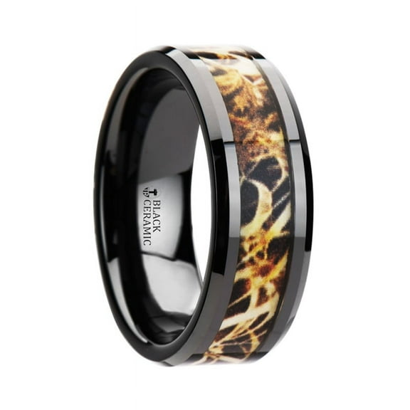 Tundra Black Ceramic Wedding Band With Leaves Grassland Camo Inlay Ring