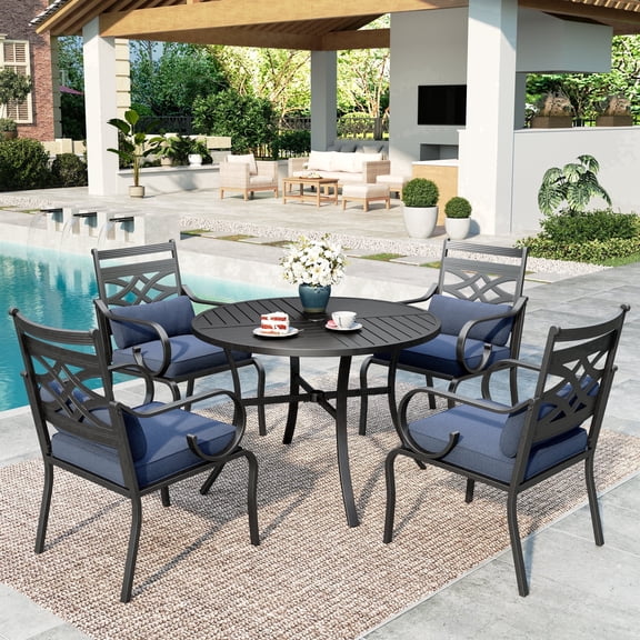 SUMMIT LIVING 5-Piece Outdoor Patio Dining Set with 4 Cushioned Chairs & Round Table with Umbrella Hole, Black & Blue
