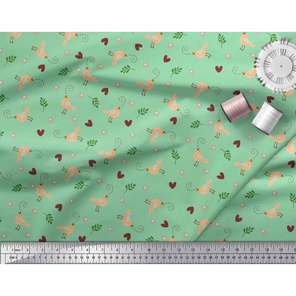 Soimoi Green Crepe Silk Fabric Leaves,Heart & Bird Cartoon Printed Craft Fabric by the Yard 42 Inch Wide