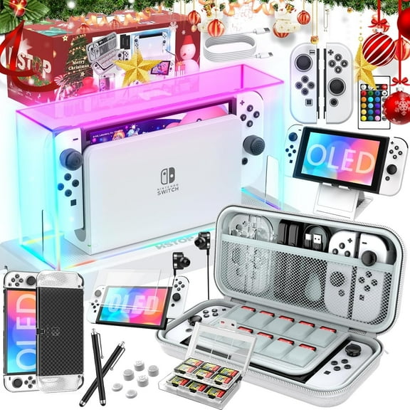 Switch OLED Accessories Bundle 25 in 1 for Nintendo Switch OLED, Gift Kit with LED Display Cover, Carrying Case, Dockable Protective Case etc, Cool OLED Accessories Surprise Christmas Gift (White)