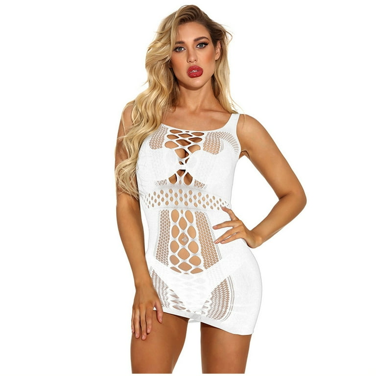 Sexy Lingerie For Women Fishnet Bodysuit * V-Neck Mini Dress Strapless Mesh  Chemise Babydoll