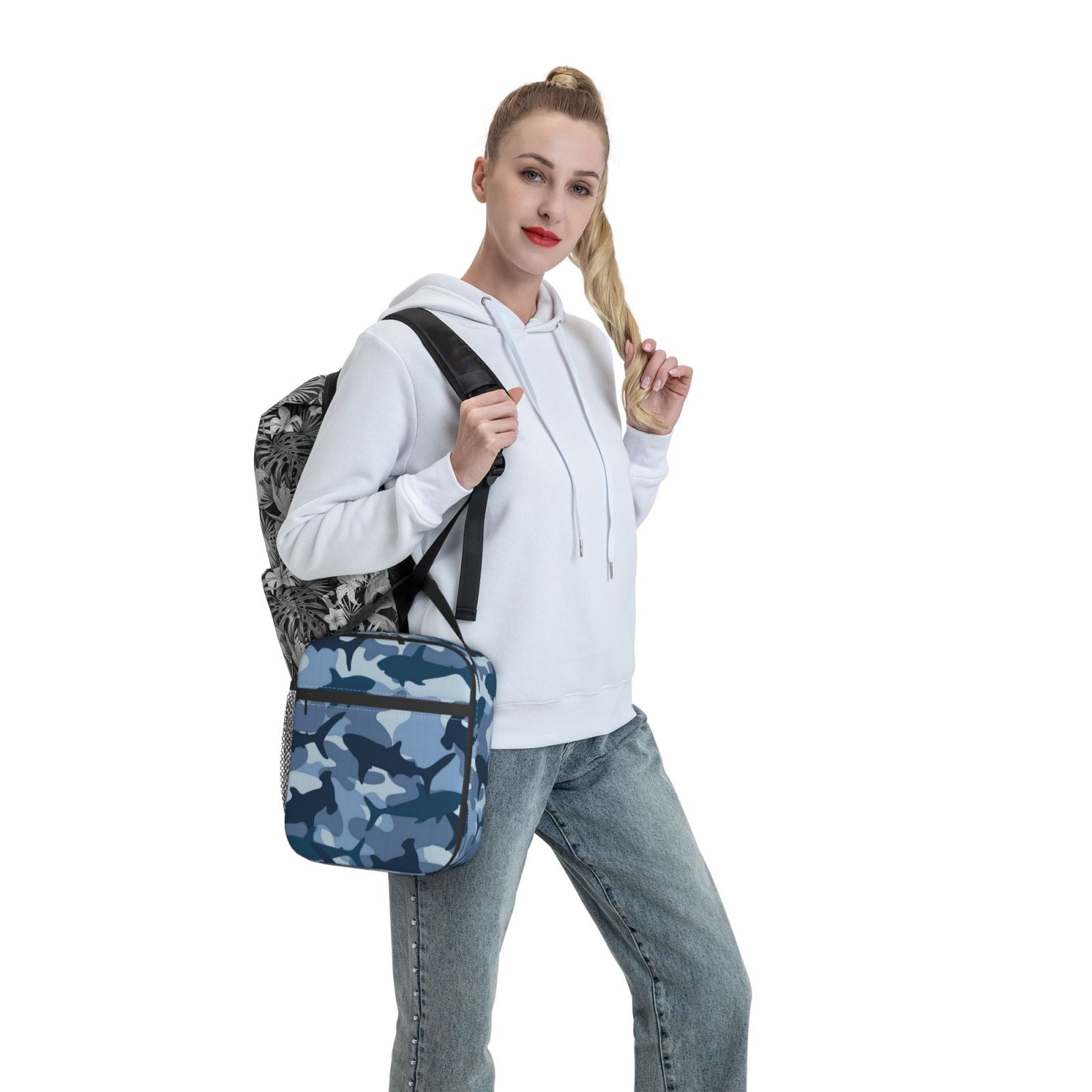 Lunch Bag For Women Men Insulated Portable Lunch Box Bento Box Office Picnic Travel Cooler Bag Camouflage-Patterned Shark