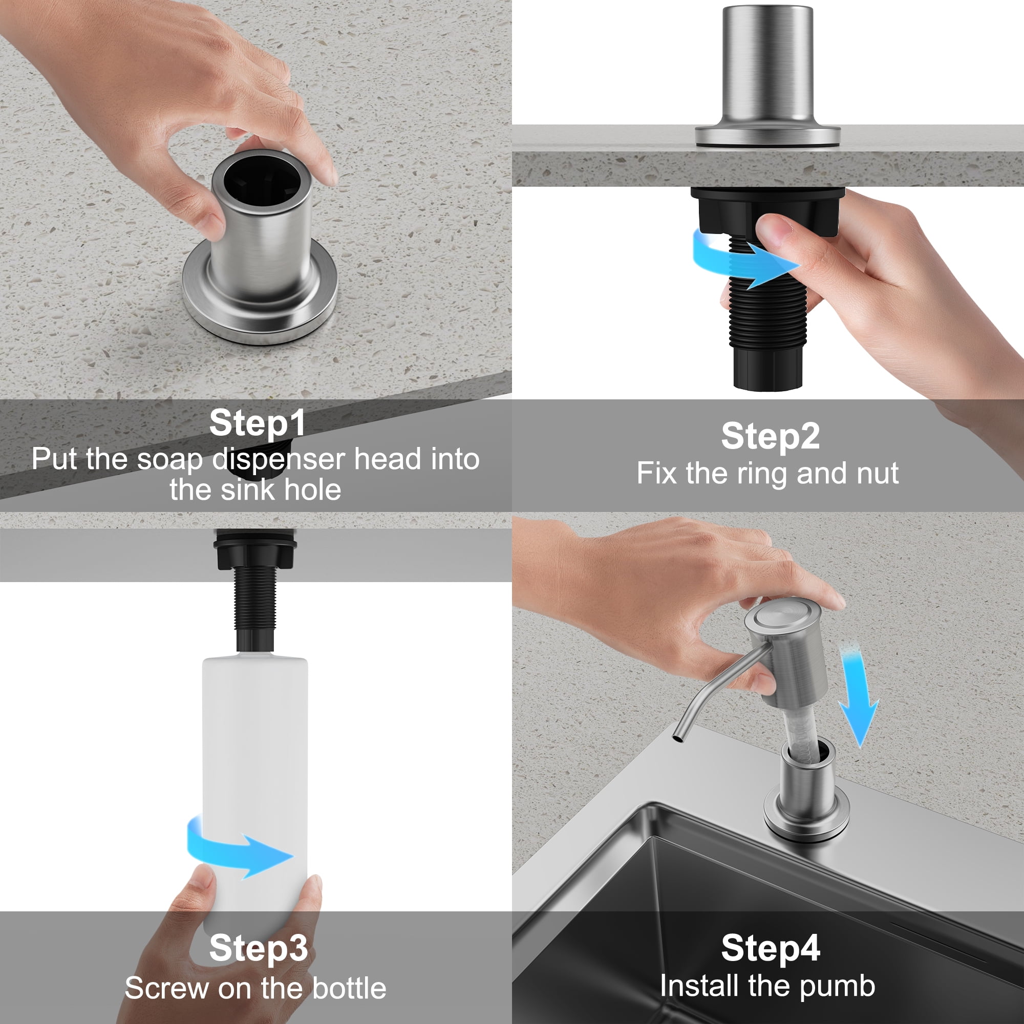 PAIHOME Brushed Nickel Soap & Lotion Dispenser, Built in Stainless Steel Kitchen Sink Soap Dispenser with 17oz Bottle