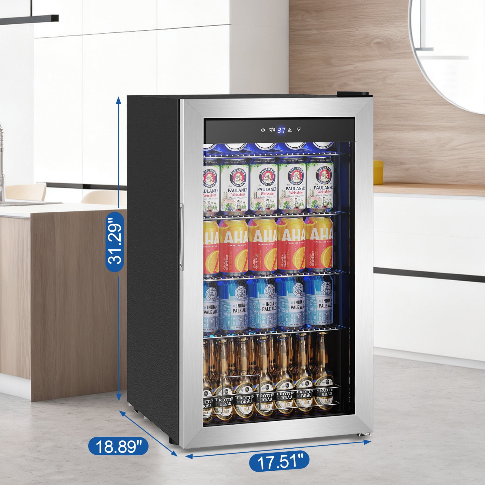 Nipus 17.52 inch Beverage Refrigerator Cooler,130 Cans Capacity  Mini Fridge with Glass Door for Soda Wine Beer, with Adjustable Removable Shelves, Silver