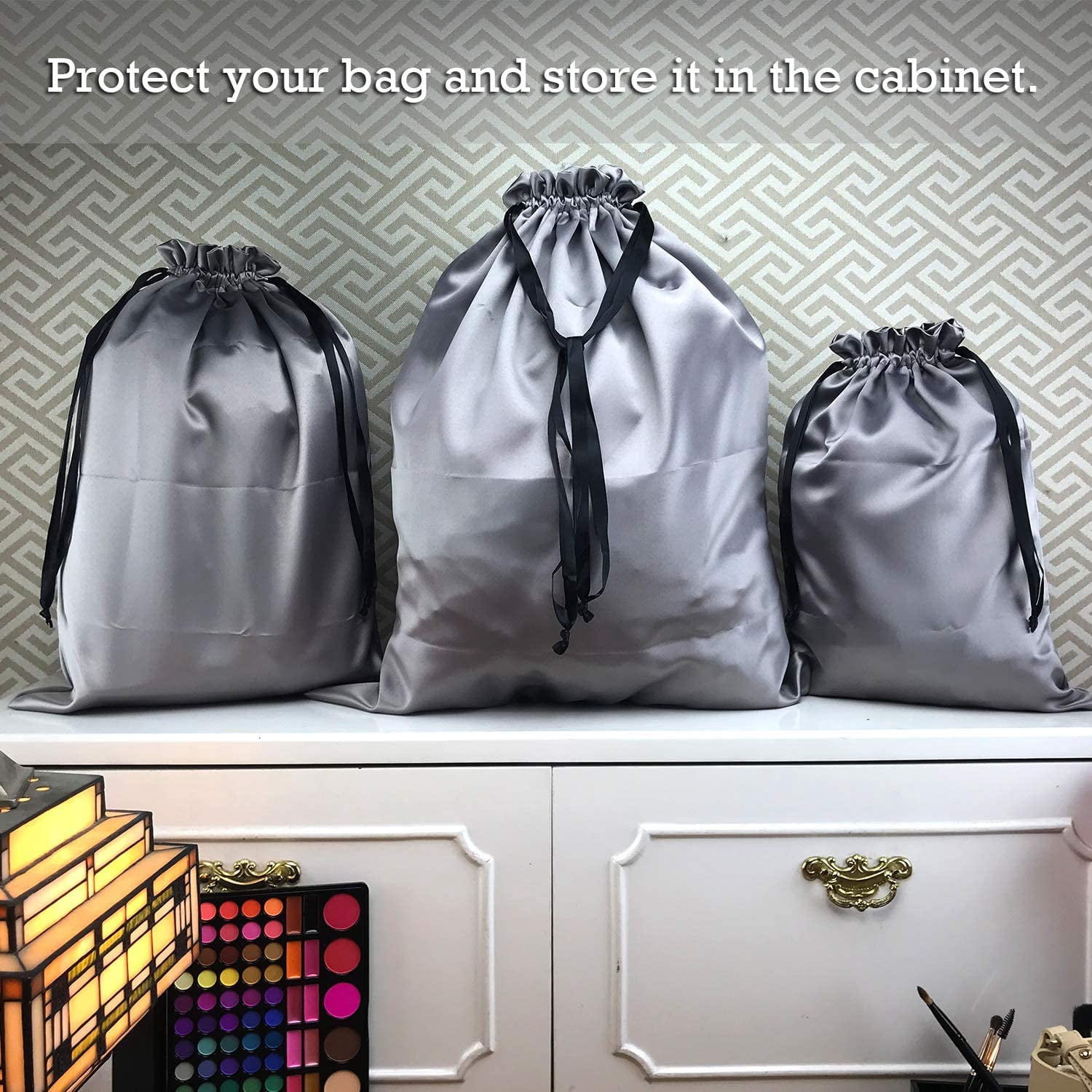 Dust Cover Storage Bags Thick Silk Cloth Pouch with Drawstring For Luxuries Handbags Tote Purses Shoes Boots, Silver (12.6 x 15.7 in)