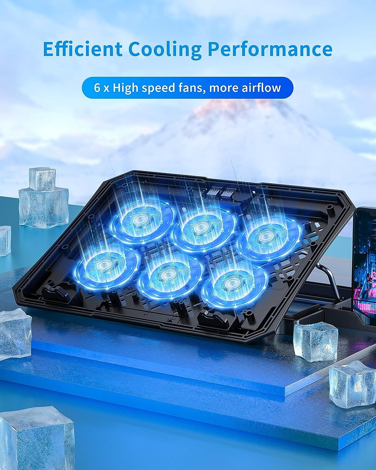 Portable Laptop Cooling Pad with 6 Fans and 2 Pack 2ft USB A Cables Set