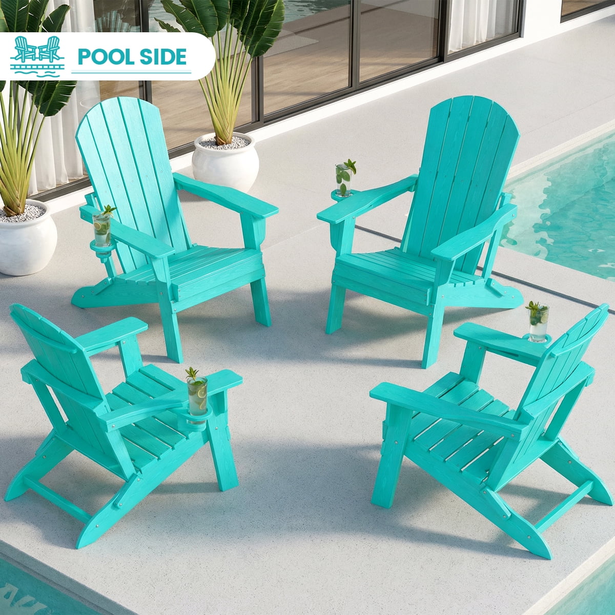 Cobiod Folding Adirondack Patio Chairs With Cup Holder Set of 4, HDPE All-Weather Lounge Chairs for Backyard & Poolside, Aruba