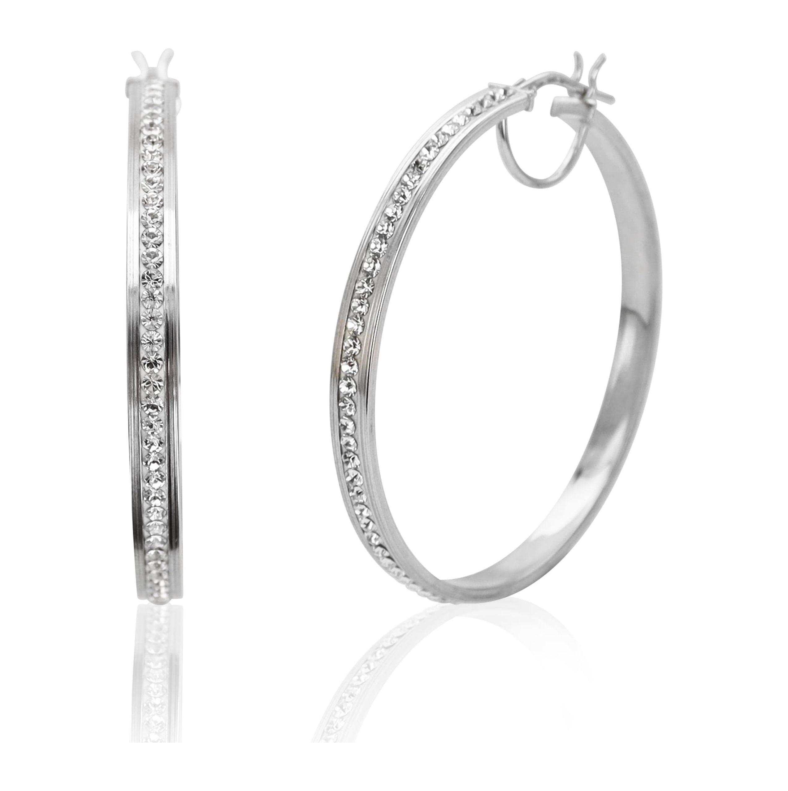 Brilliance Fine Jewelry Rhodium Plated Sterling Silver Classic Crystal Round Hoop Women's Earring