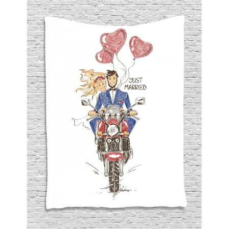 Motorcycle Tapestry, Sketch of a Married Couple on Bike with Hand Drawn Heart Shaped Balloons Wedding, Wall Hanging for Bedroom Living Room Dorm Decor, 40W X 60L Inches, Multicolor, by