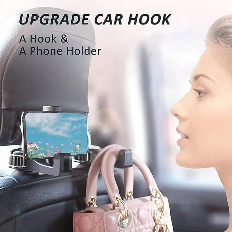 2 in 1 Car Headrest Hidden Hook with Phone Holder, 360° Rotation