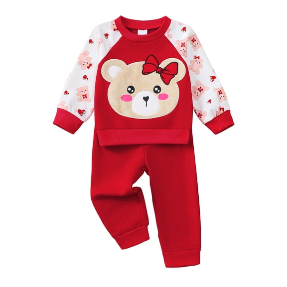 18 Months Baby Girls Clothes 24 Months Girls 2PCS Fall Winter Outfits Set Bear Print Toddler Girls Long Sleeve Top Pants Set Red
