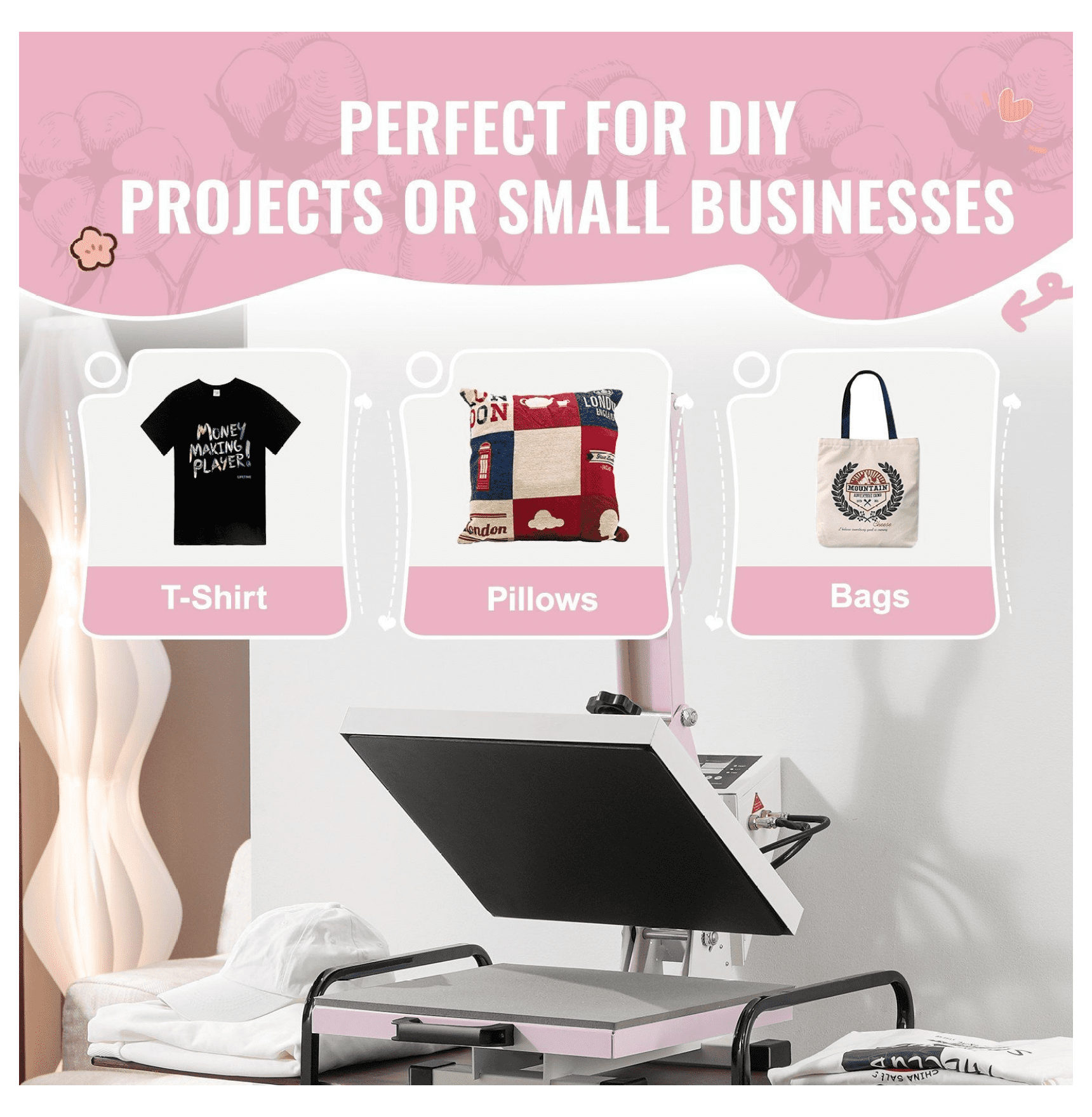 Heat Press Machine 15x15 Pink - Slide Out Transfer Press for T-Shirts, DIY Crafts, Pillowcases - Digital Control, Safe Design