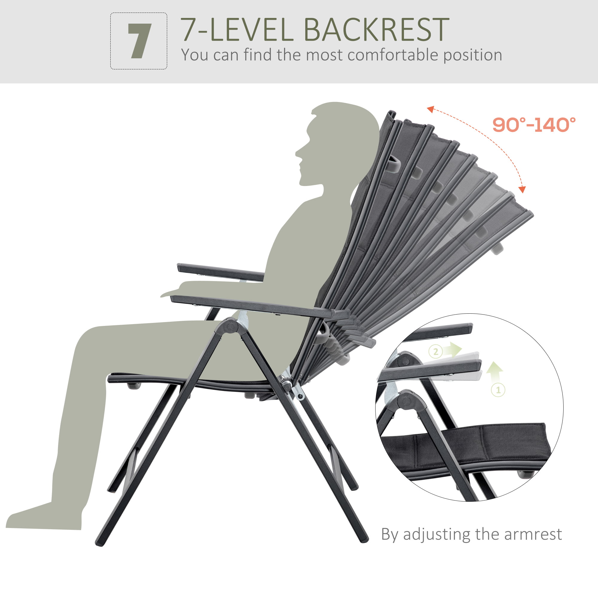 ネット通販で購入」 Outsunny Piece Outdoor Patio Folding Chair Set， Portable  Reclining Camping Seats with Soft Padding ＆ Adjustable Backrest， Black 