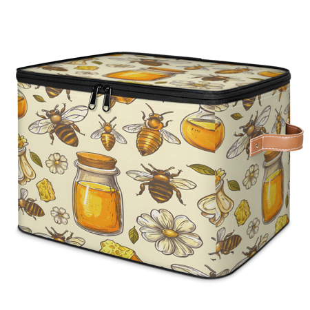 CURLYOOT Bumble Bees Storage Bin with Zipper Lid Fabric Decorative Lidded Storage Baskets Boxes Foldable Organizer Container Basket for Bedroom Closet Shelf