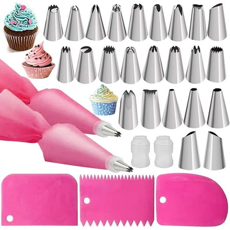 

31Pcs Silicone Icing Piping Bag Tips 2×Reusable Pink Piping Bag 24×Stainless