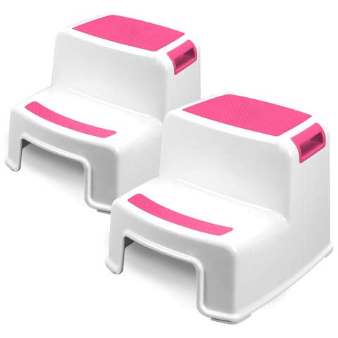 2 Step Stepping Stools for Kids - 2 Pack, Pink| Child, Toddler Safety Steps for Bathroom, Kitchen and Toilet Potty Training| Non Slip Feet & Textured Friction Grip, Easy-Grab Handle| Stackable