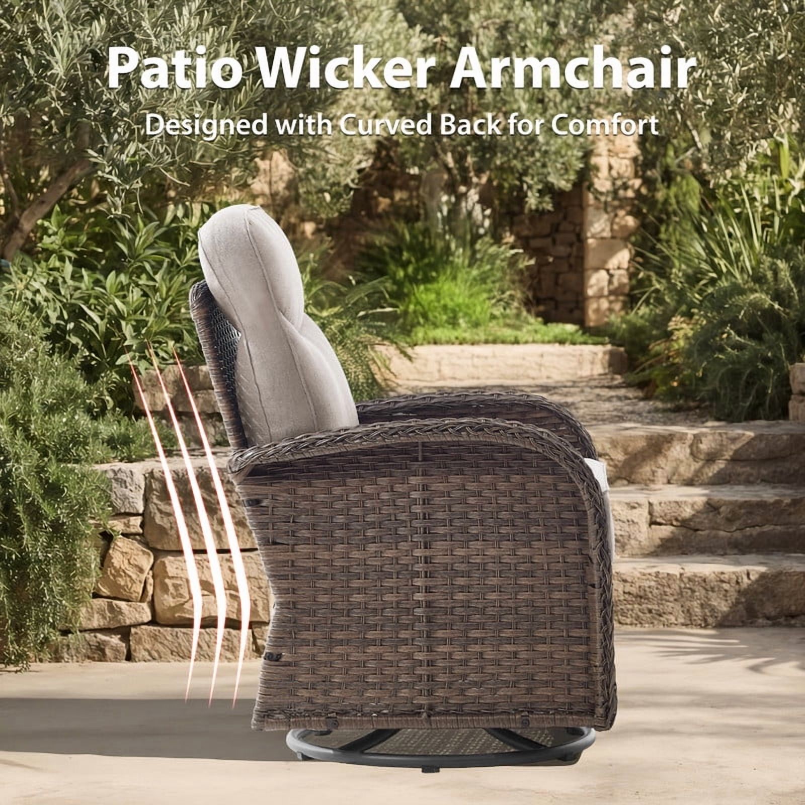 Giantfurnni 3-Piece Patio Wicker Swivel Rocking Chairs with Side Table Outdoor Rattan Conversation Furniture Patio Bistro Set with 6" Thick Cushions for Porch Garden Deck, Beige