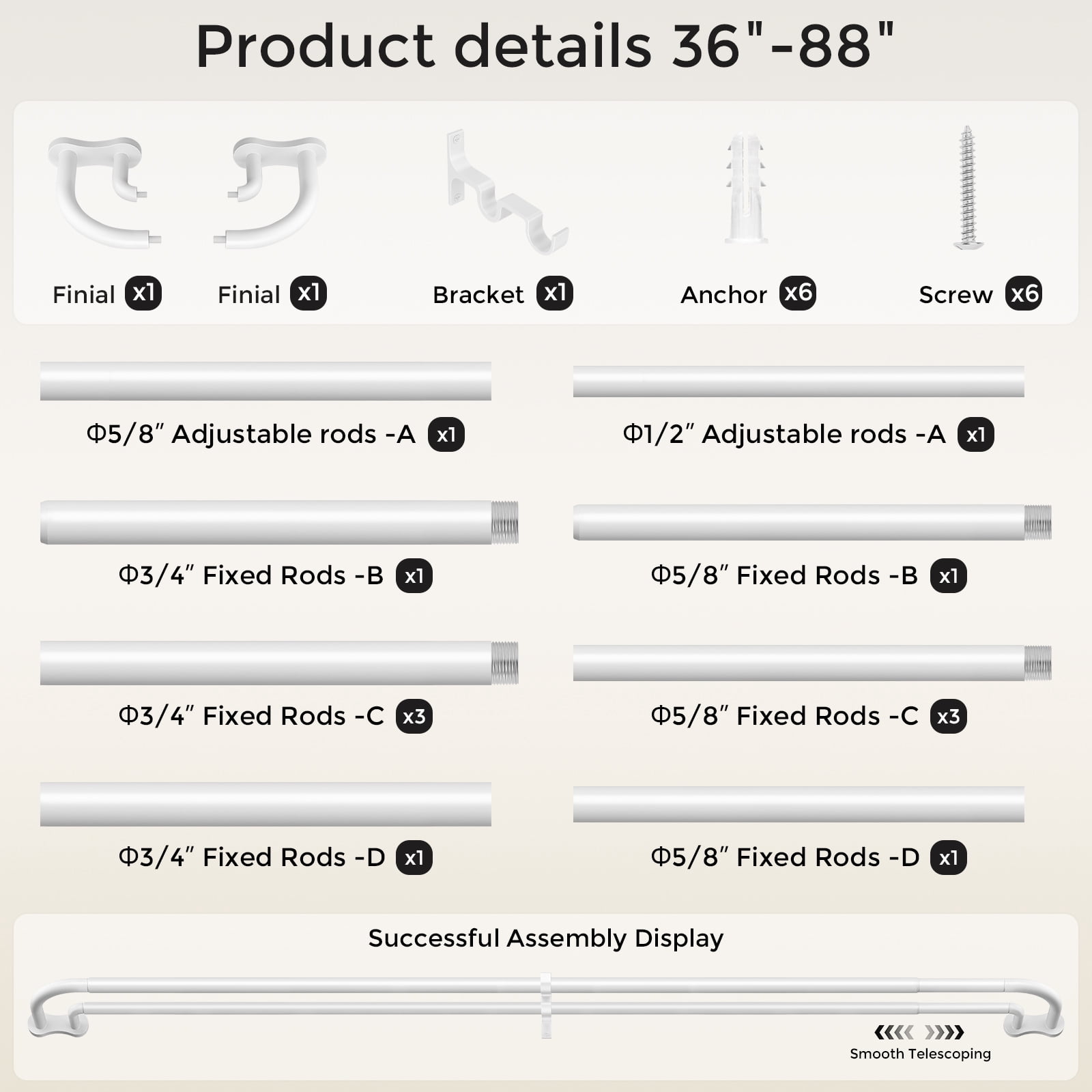 OLV Wrap Around Double Curtain Rods for Window,36-88 inch,White