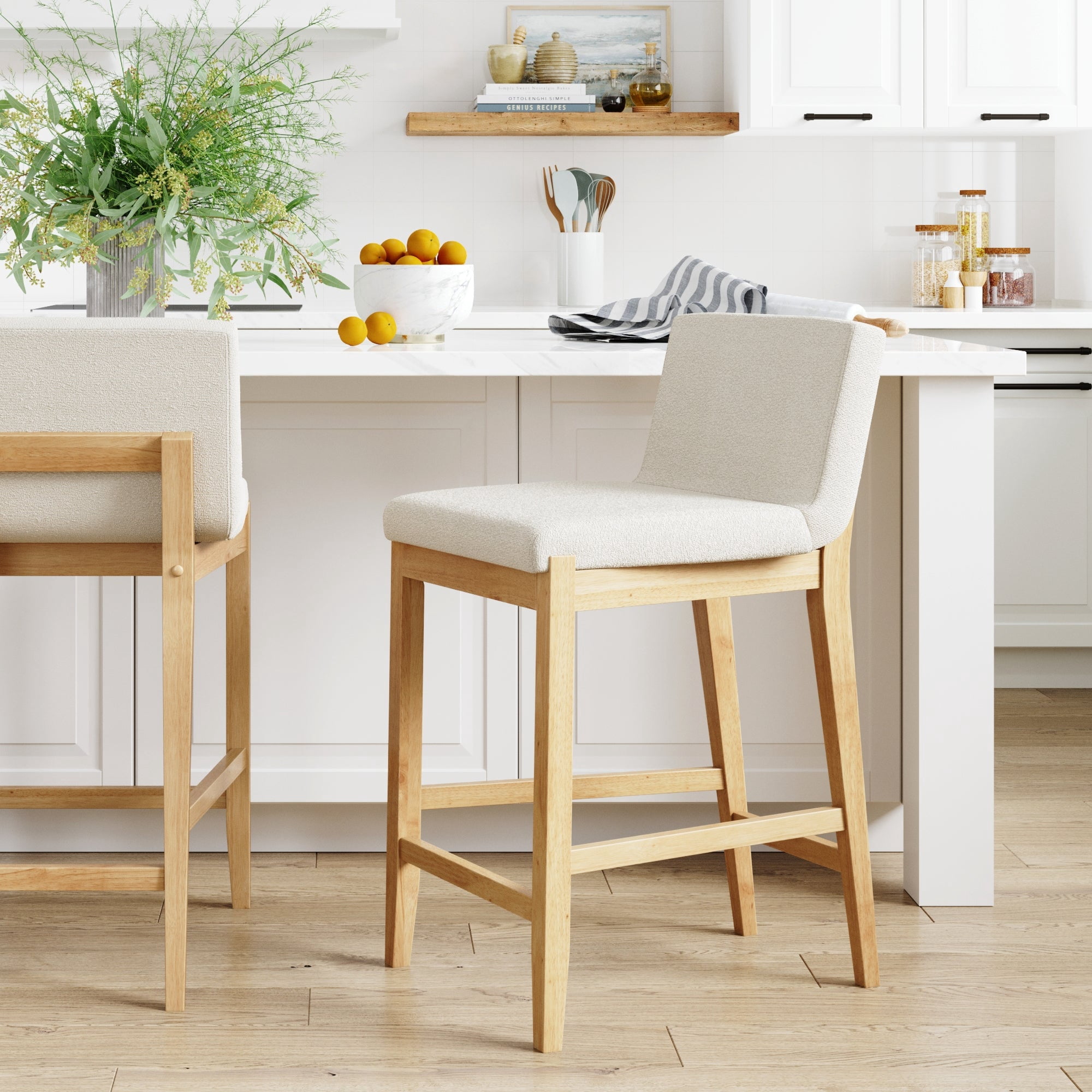 Nathan James Gracie Modern Counter Height Bar Stool with Back, Counter Stool Upholstered Chair with Natural Textured Linen and Brushed Wooden Legs, White/Light Brown, Set of 2