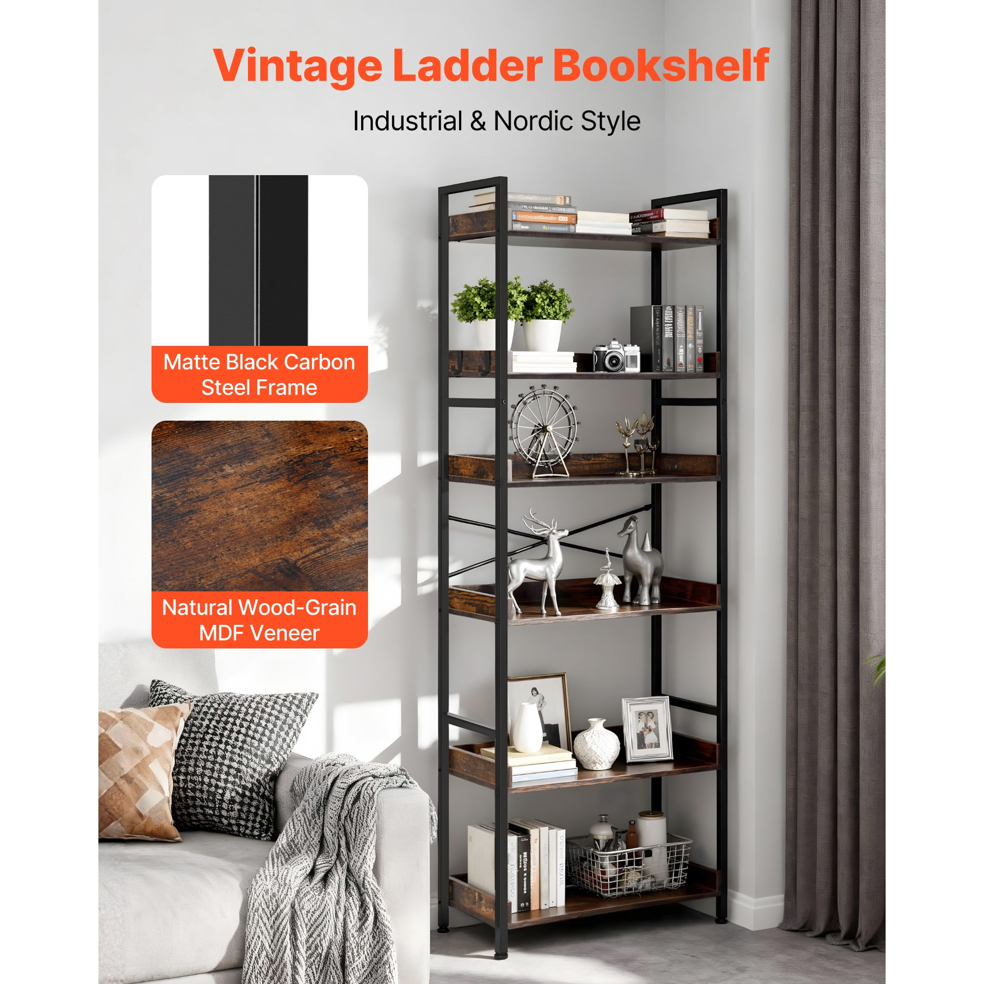 KFFKFF Industrial 6-Tier Bookshelf, Vintage Ladder-Style Shelf with Metal Frame, Open Shelving Unit for Living Room, Bedroom, Kitchen, Home Office, Rustic Brown