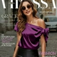 thumbnail image 3 of VIDUSSA Women's Off Shoulder Silk Satin Tops Short Sleeve Bow Tie Casual Dressy Blouse Shirts Purple L, 3 of 5
