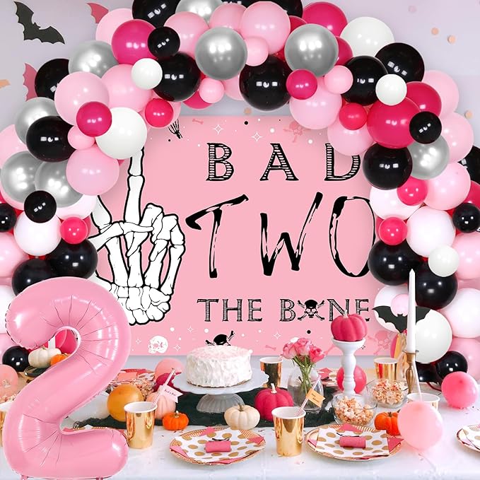 Bad Two the Bone Party Decorations Girl Pink Bad Two the Bone Backdrop Rock Themed 2nd Birthday Balloon Garland Music Themed Birthday Rock N Roll Theme Decors for 2nd Birthday Party