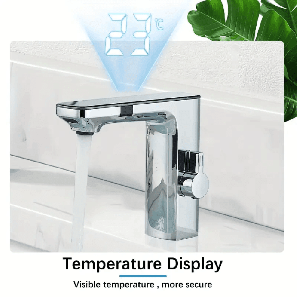 Chrome Bathroom Sink Faucet Smart Sensor 1 Hole LED Temp Display Lavatory Vanity Mixer Taps Touchless Bathroom Faucet
