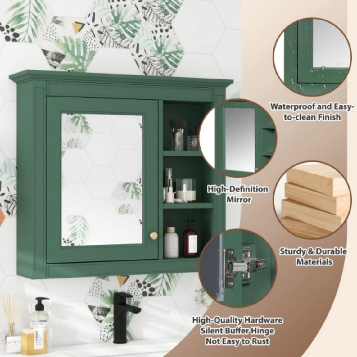 30"x 28" Wall Mounted Bathroom Medicine Cabinet with Mirror, Bathroom Storage Cabinet with Adjustable Shelf & 3 Open Shelves, Modern MDF Mirror Cabinet, Green
