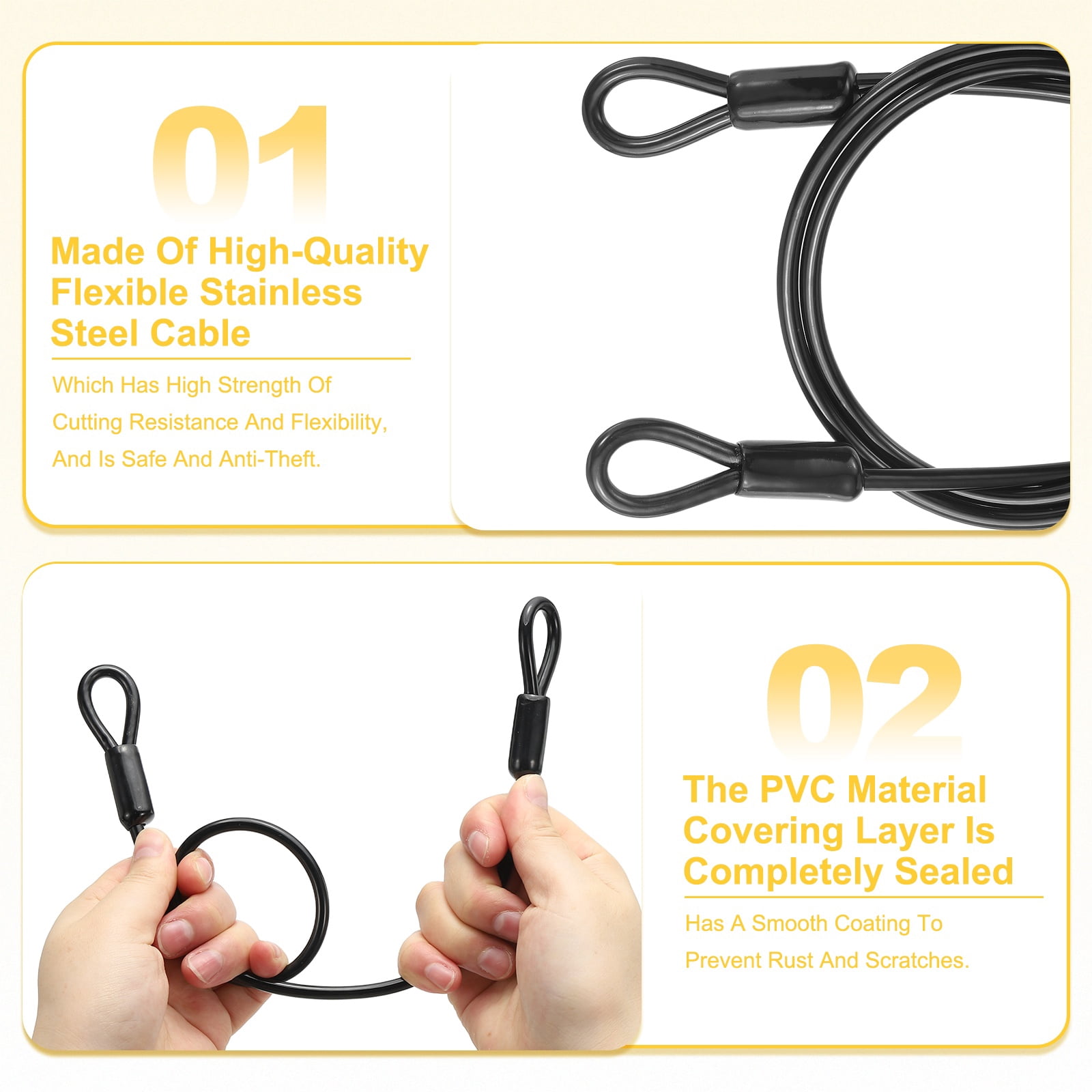 Uxcell Security Cable Braided Stainless Steel Coated Safety Wire Rope with Double Loop for Travel Luggage Bicycle Lock Cable Black 3 ft x 3/16"(5mm)