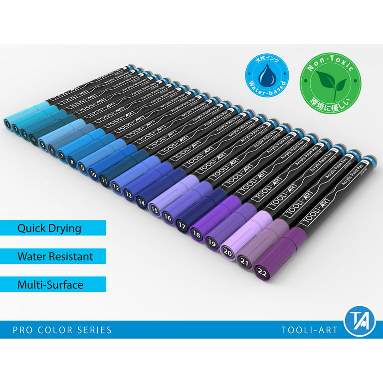Tooli-Art Acrylic Paint Pens Blue and Purple Pro Color Series Set with  0.7mm Extra Fine Tip Marker Set of 22