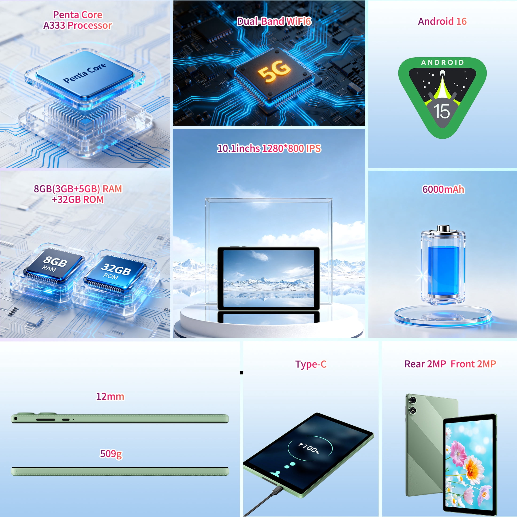 Android 16 Tablet 10.1 inch Tablet,8GB RAM 32GB ROM,WiFi 6,6000mAh Battery,1280 * 800 IPS Touch Screen,Metal Body,GMS Certified,Green