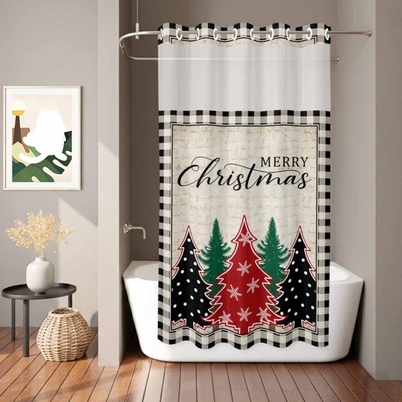 Merry Christmas Shower Curtain, Christmas Tree Winter Snowflake Retro Plaid Waterproof No Hooks Bath Shower Curtain with See Through Top Window for Bathroom Bathtub 36x72in