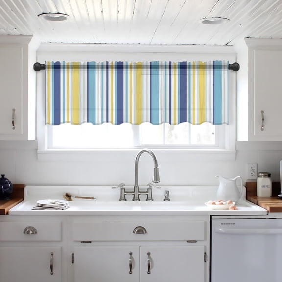 Blue Yellow Striped Valance Curtains for Kitchen/Living Room/Bathroom/Bedroom Window, Farmhouse Navy Blue Ombre Stripes Rod Pocket Small Topper Half Short Window Curtains Voile Sheer Scarf 42"x12"