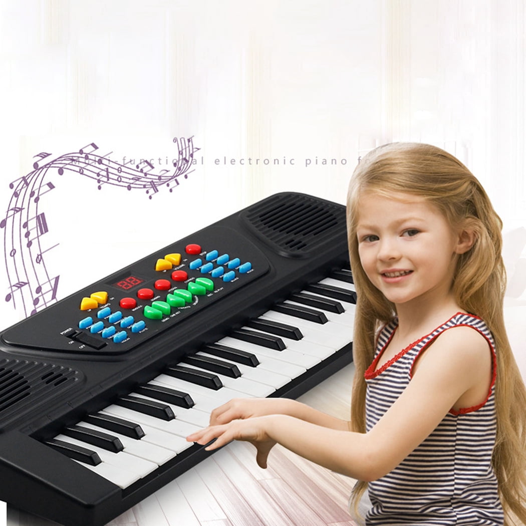 GOPLUS Piano Enfant 37 Touches – Pupitre Et Tabouret Assortis, Microphone Réglable, 15 Volumes, 4 Tons, 22 Démos – Bleu Foncé