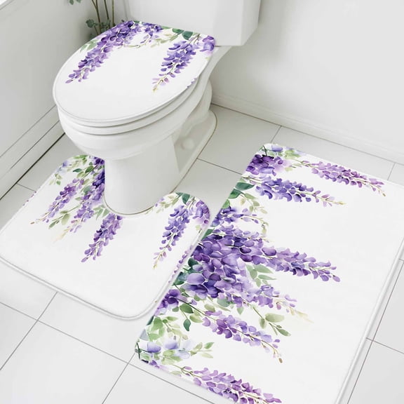 3 Piece Bathroom Rug Set, Purple Floral Non Slip Bath Mat with Contour Toilet Mat and Lid Cover, Watercolor Wisteria Flowers Absorbent Soft Shower Mats for Bathroom